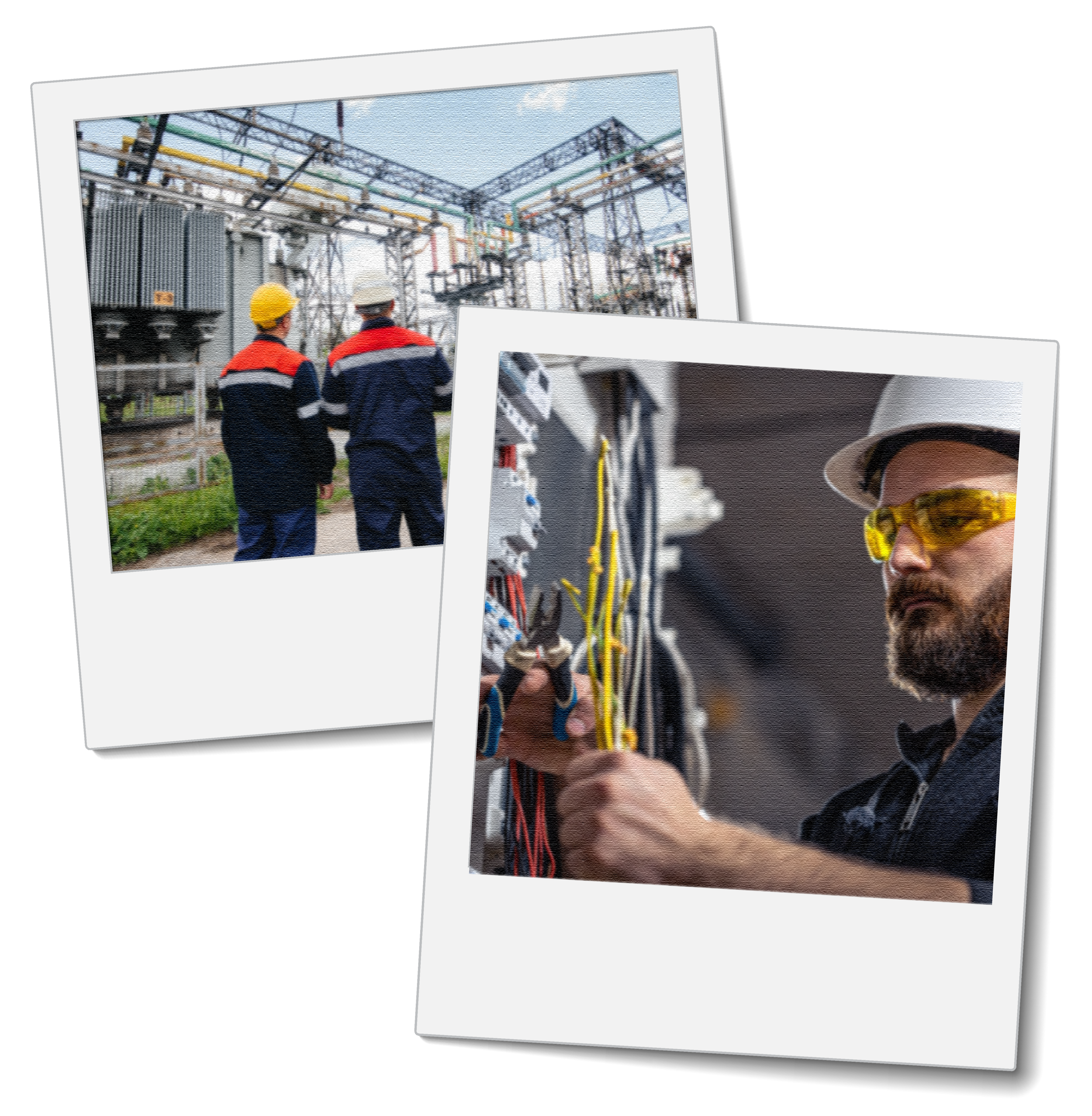 Photographs of two workers, one wearing a yellow hard hat and the other wearing a white hard hat, standing in front of an industrial electrical substation, with power lines and equipment visible in the background.