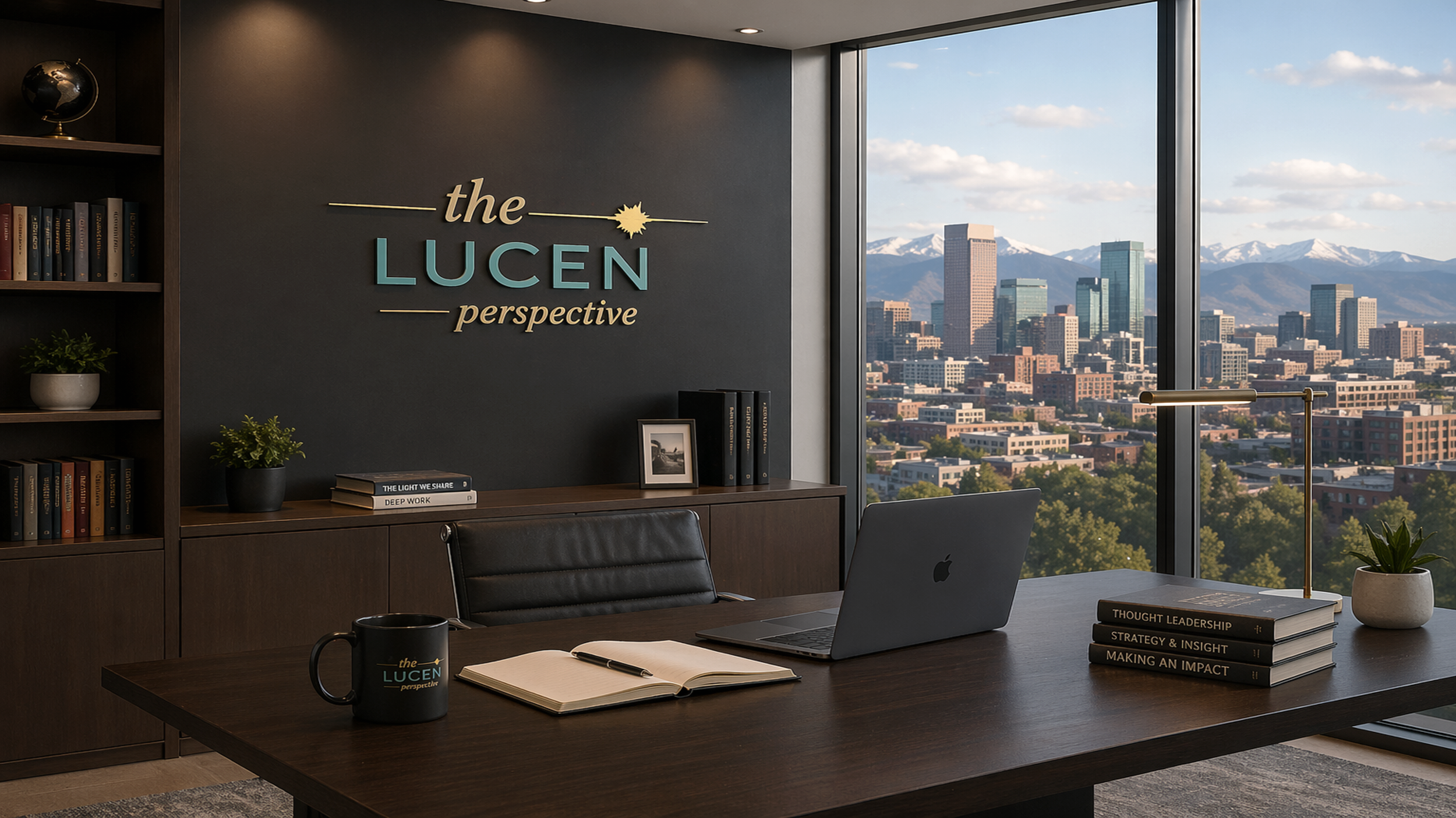 Modern office with a dark wood desk, open notebook, coffee mug, and an open laptop. Behind, a black wall with a colorful logo reading 'the LUCEN perspective,' books, potted plants, and a large window showcasing a city skyline with tall buildings and snow-capped mountains in the background.