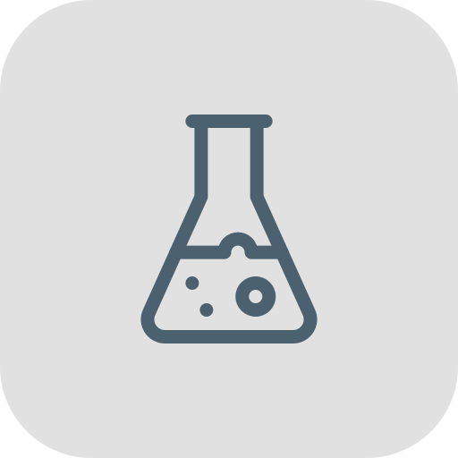 Stylized icon of a laboratory flask with liquid inside.