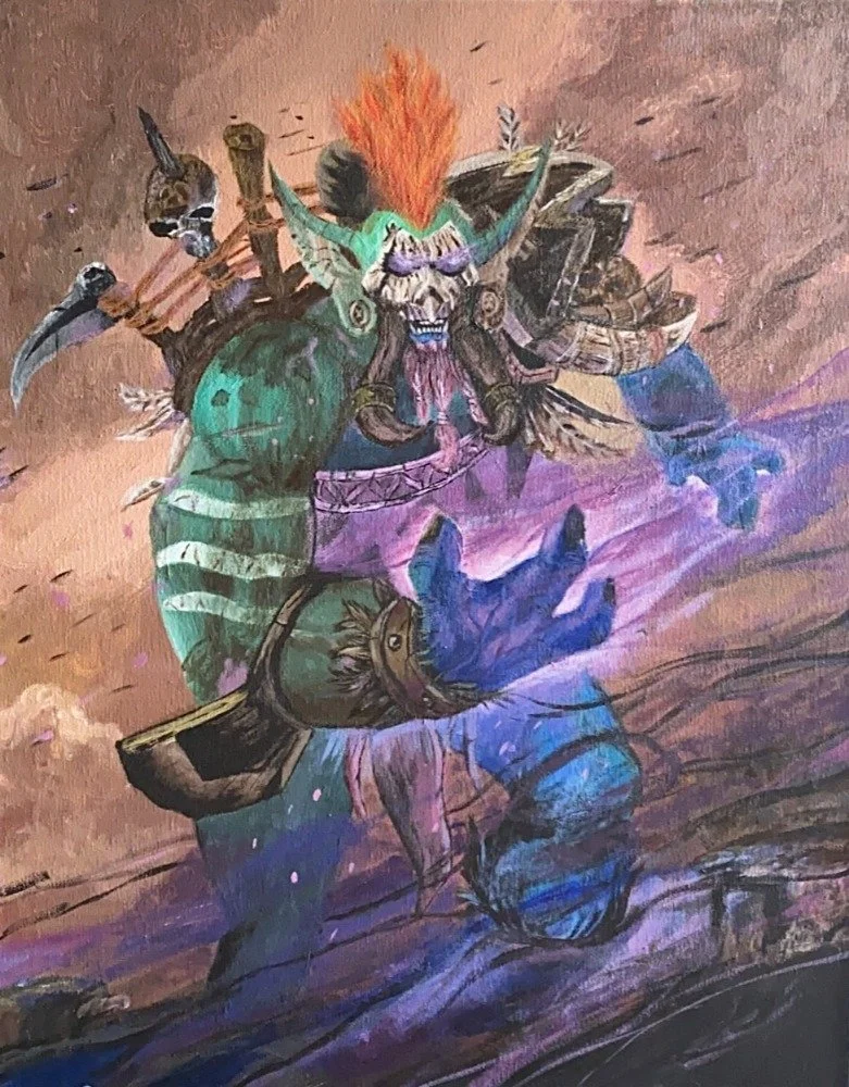 A colorful fantasy creature resembling a demon or beast with a skull face, large horns, fiery hair, muscular limbs, and adorned with armor and weapons. It appears to be charging through a mystical landscape with energy effects surrounding it.