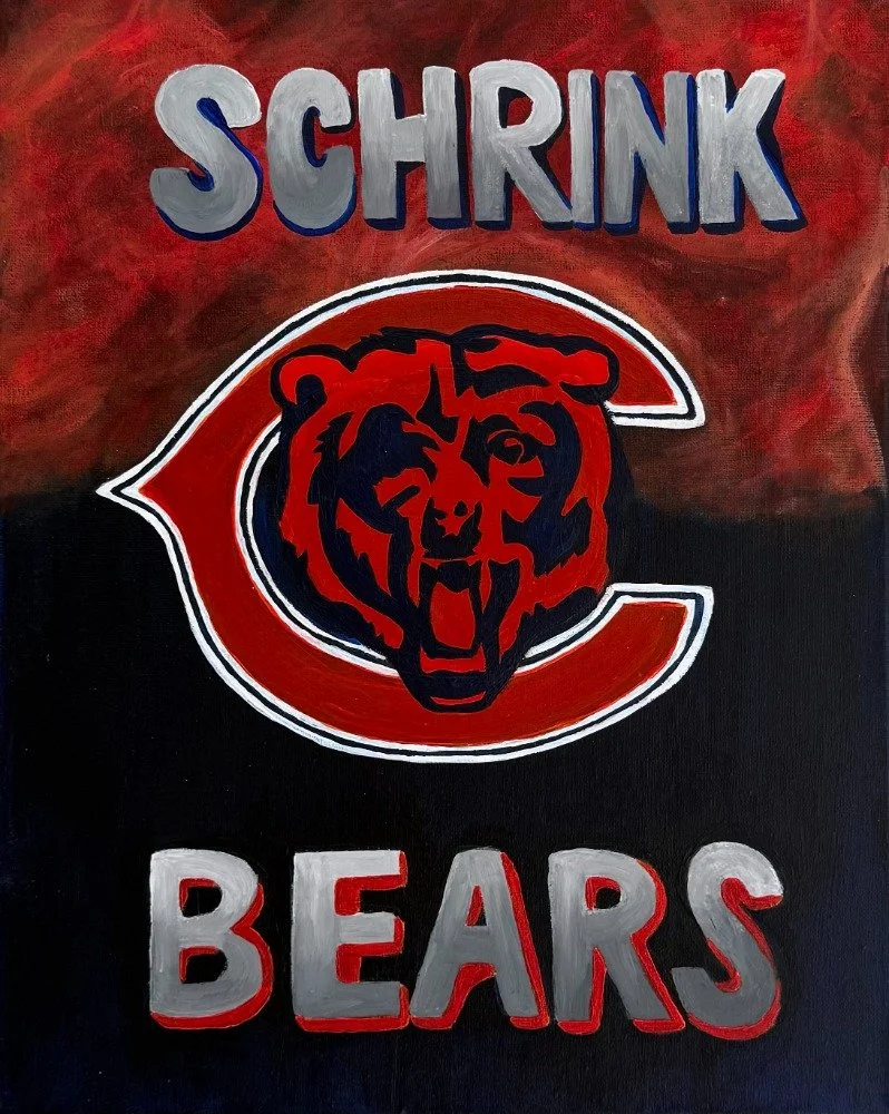 Painting of a Chicago Cubs logo with a bear head, with the words 'Schrnk Bears' written above and below.