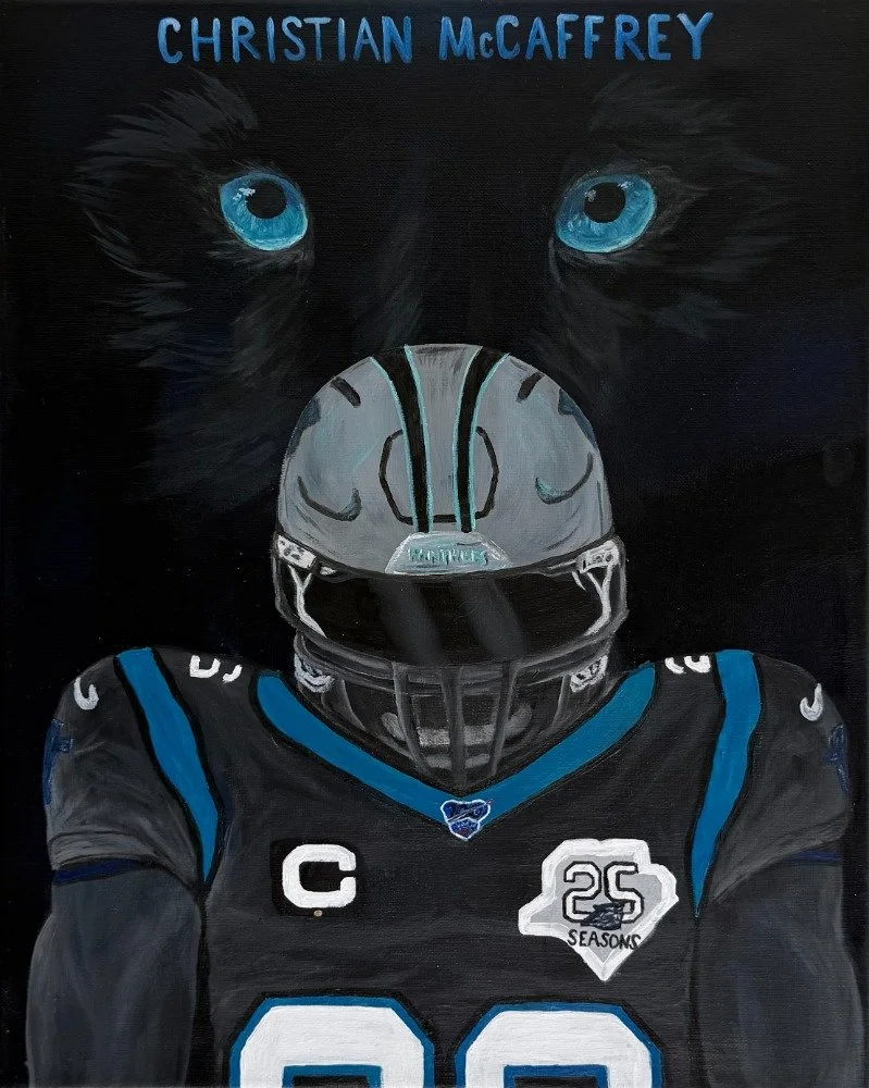 Painting of a football player in a black and blue jersey with a helmet, two large blue eyes and a black panther's face in the background, and the name Christian McAfee at the top.