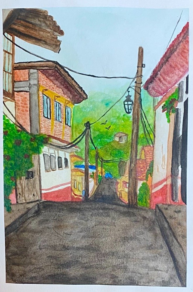 Watercolor street scene in a hilly neighborhood with colorful houses, utility poles, hanging wires, trees, and a few birds in the sky.