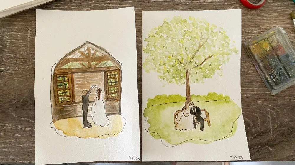 Two watercolor paintings depicting romantic scenes. The left shows a couple at their wedding inside a rustic barn, with the groom twirling the bride. The right shows a couple sitting on a bench under a tree in a park, sharing an intimate moment.