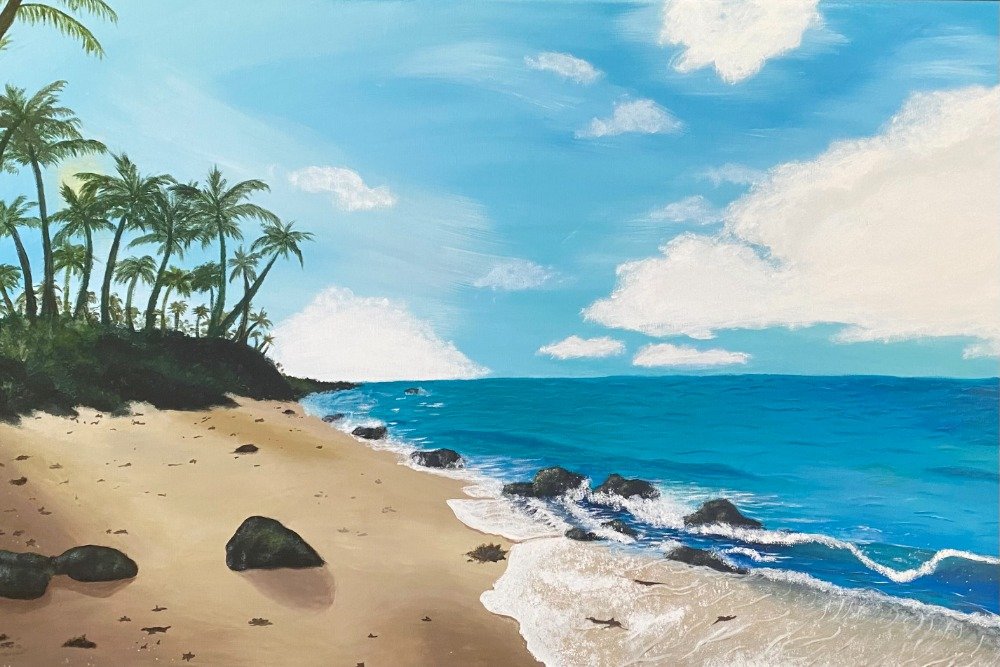 A painting of a tropical beach with palm trees, sandy shore, rocks, and ocean waves under a blue sky with clouds.
