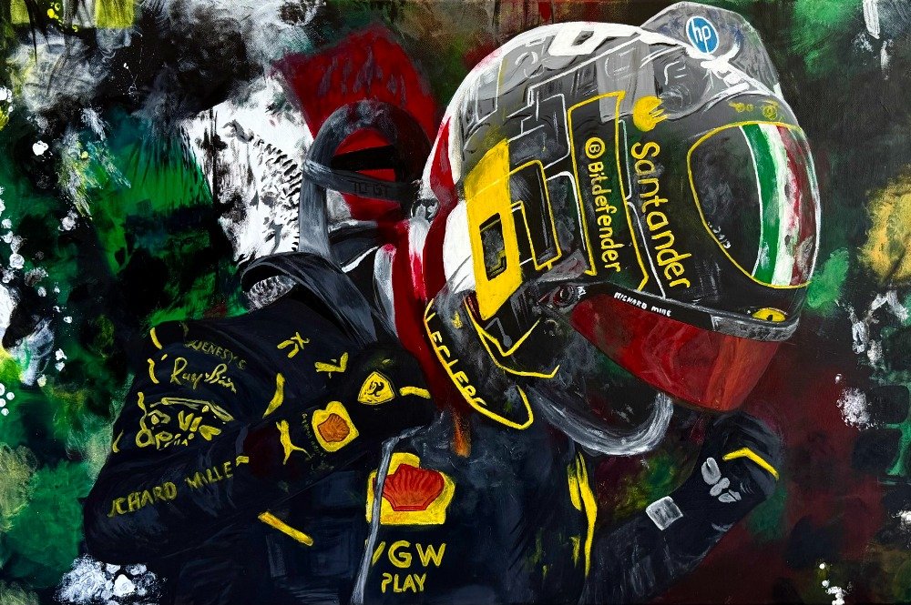 Painting of a Formula 1 driver in a racing suit and helmet, with a background of green, black, red, and white colors.