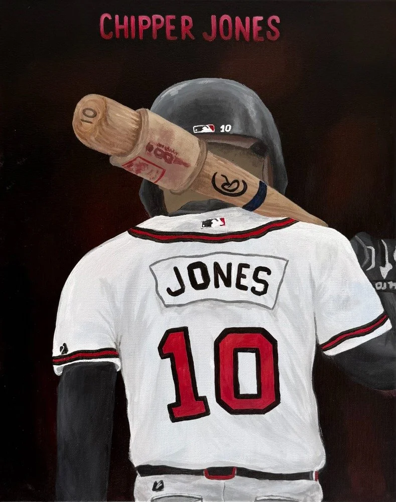 Painting of a baseball player wearing a Chicago White Sox jersey with the name Jones and number 10, viewed from the back, with the phrase 'Chipper Jones' written at the top and a baseball bat resting on the player's shoulder.