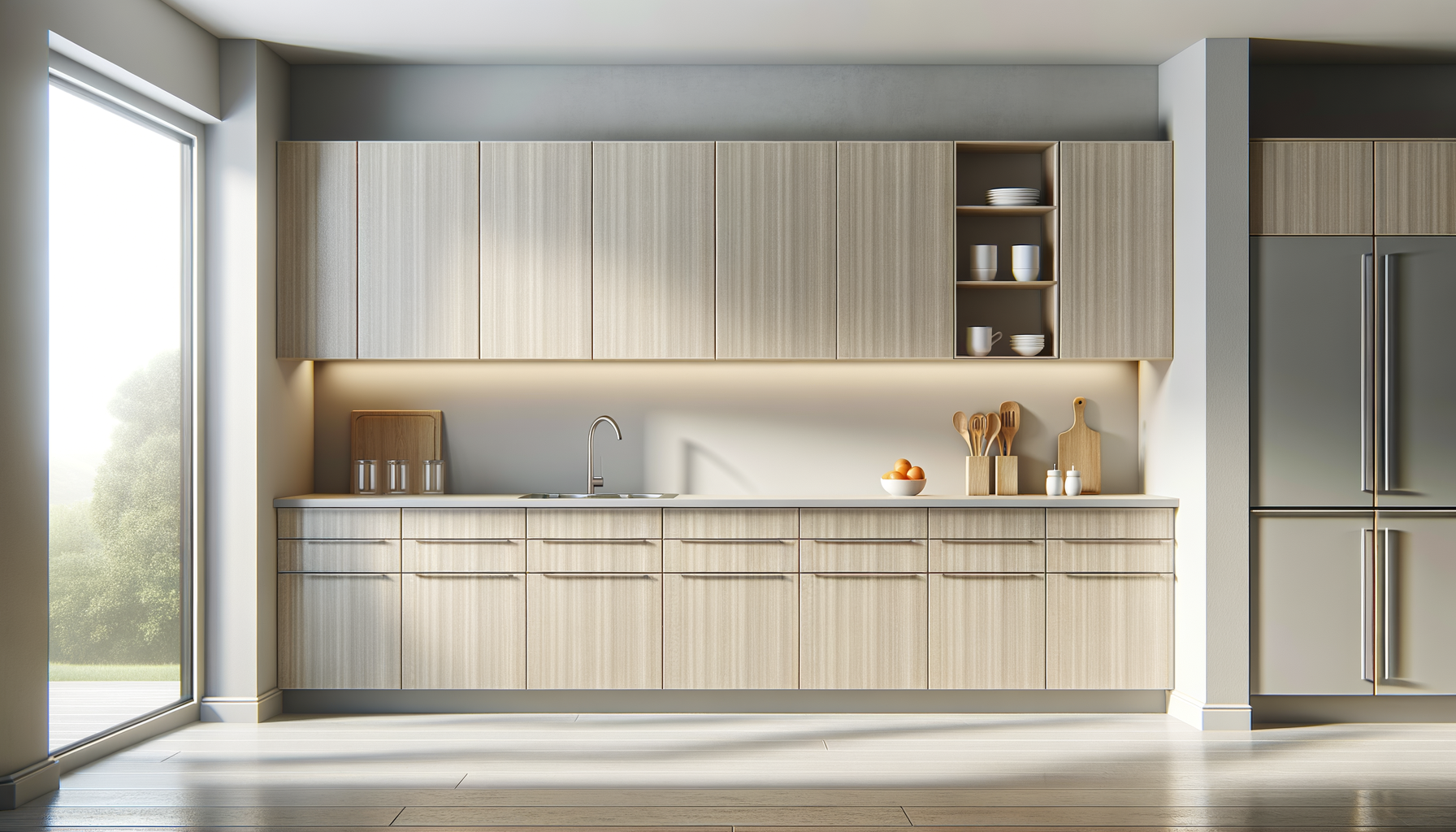 Modern minimalist kitchen with light wood cabinets, white countertop, a large window on the left, and a stainless steel refrigerator on the right. Decorative dishes and kitchen utensils are on the counters. IOBB CNC The Precision CNC Production
