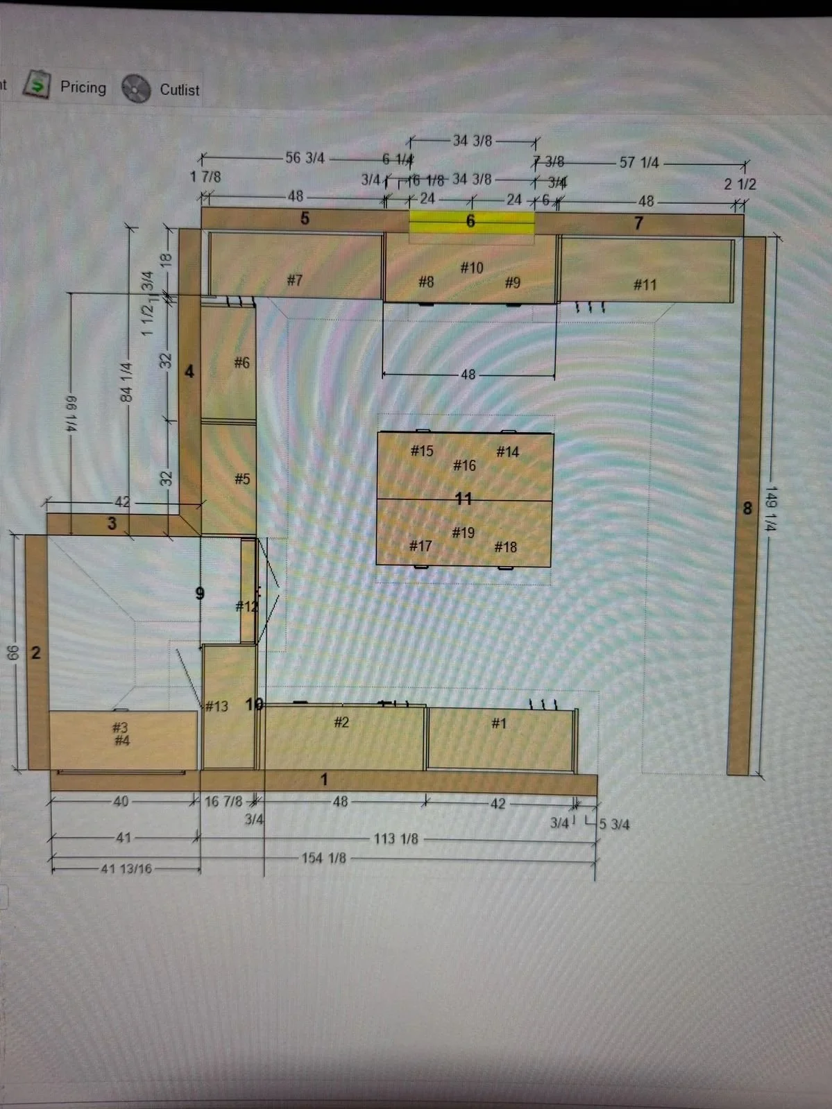 A detailed architectural floor plan showing room measurements and cabinet measurements and layout with numbered sections.