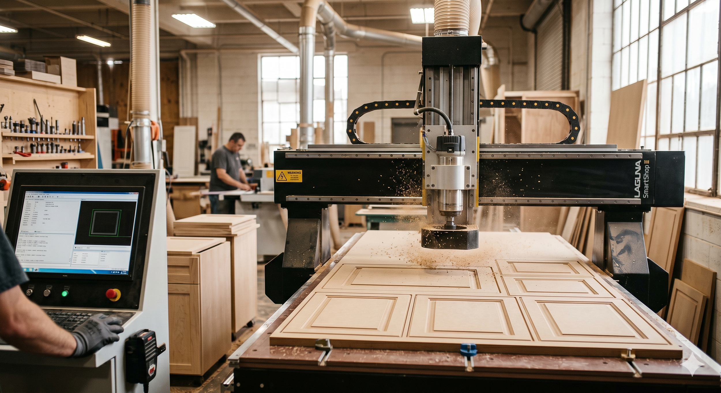 A CNC woodworking machine carving a rectangular pattern into light-colored wooden panels in a woodworking shop with large windows.