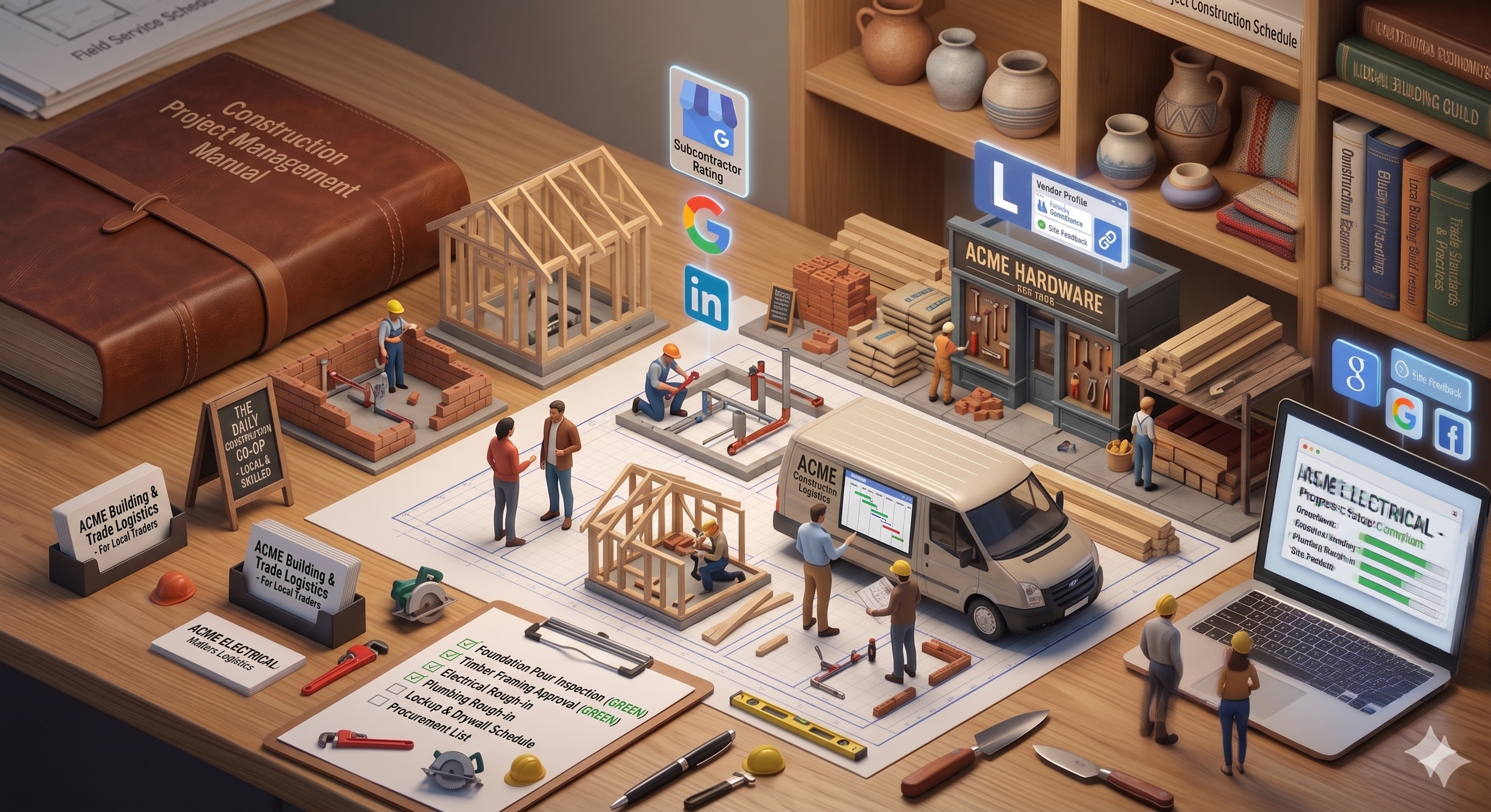 Miniature construction site with tiny workers, tools, and materials, alongside digital screens displaying project data on a wooden desk.