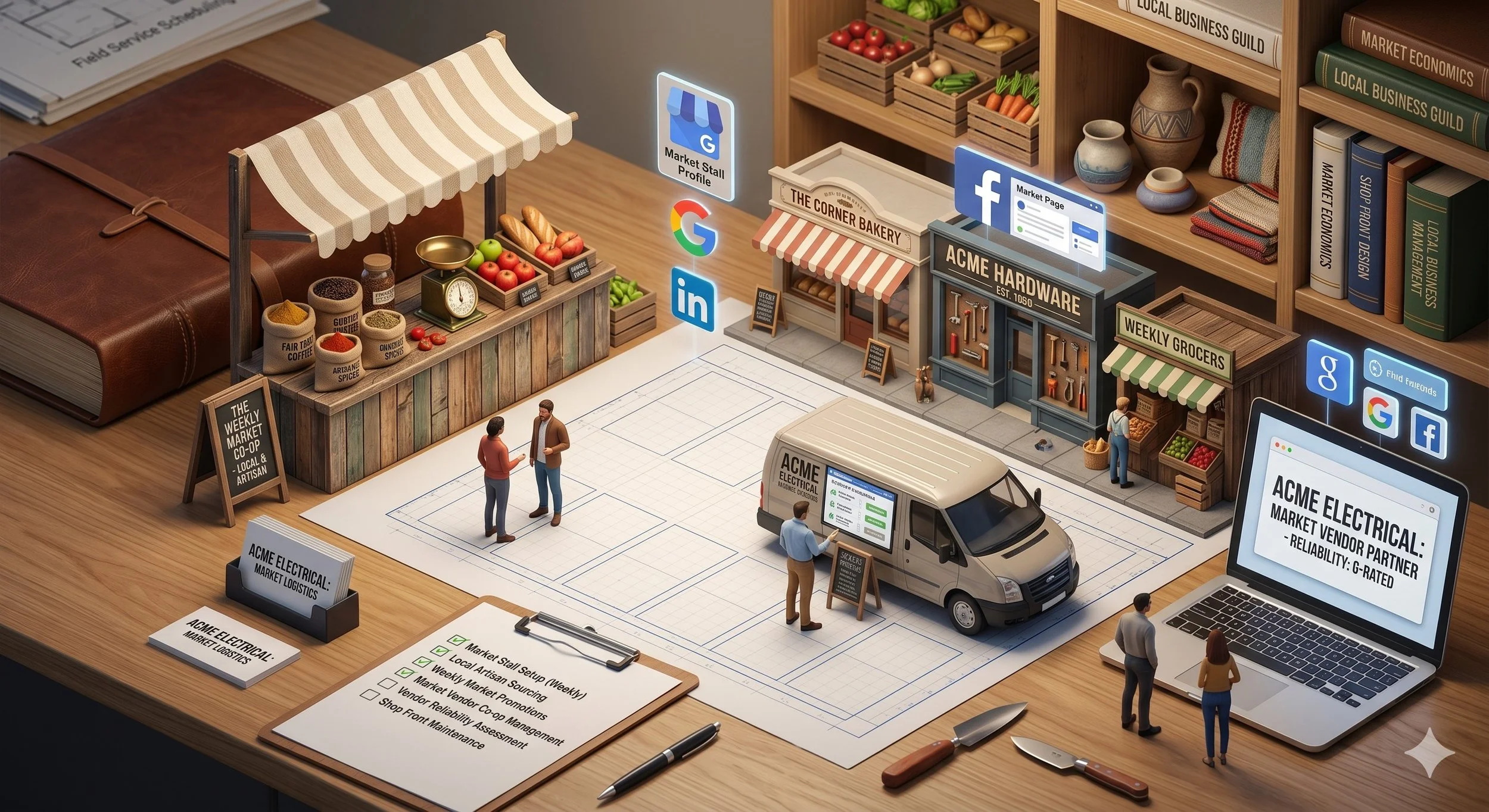 Miniature grocery market setup with wooden shelves stocked with fruits and vegetables, signs for stores like "The Corner Bakery" and "ACME Hardware," a delivery van, and digital screens displaying social media profiles and marketing information. Two miniature people are talking near the produce stand, and another person is inside the store.