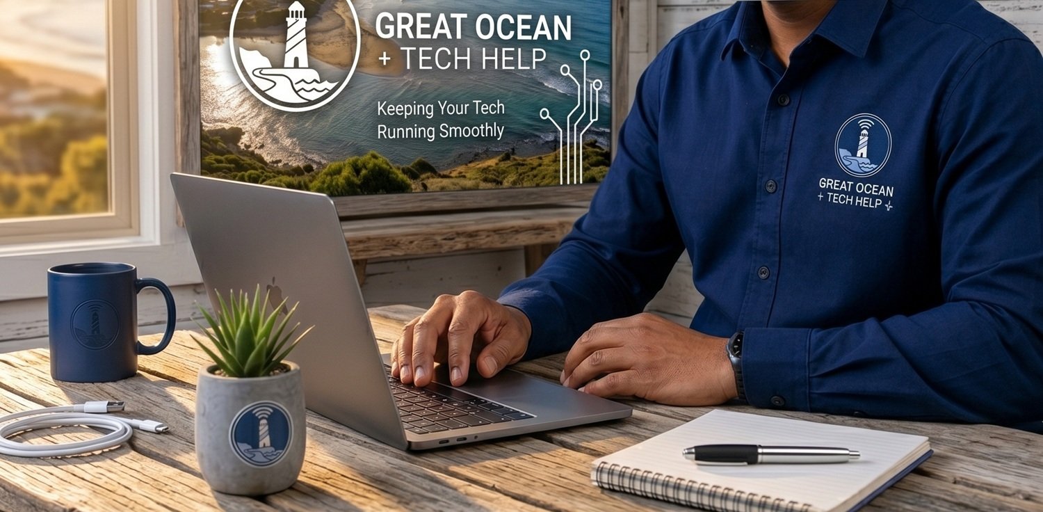 A person wearing a blue shirt with a logo, working at a wooden desk with a laptop, a notebook with a pen, a coffee mug, and a potted plant. A TV screen in the background displays a logo and text reading "Great Ocean + Tech Help," with a scenic ocean view.