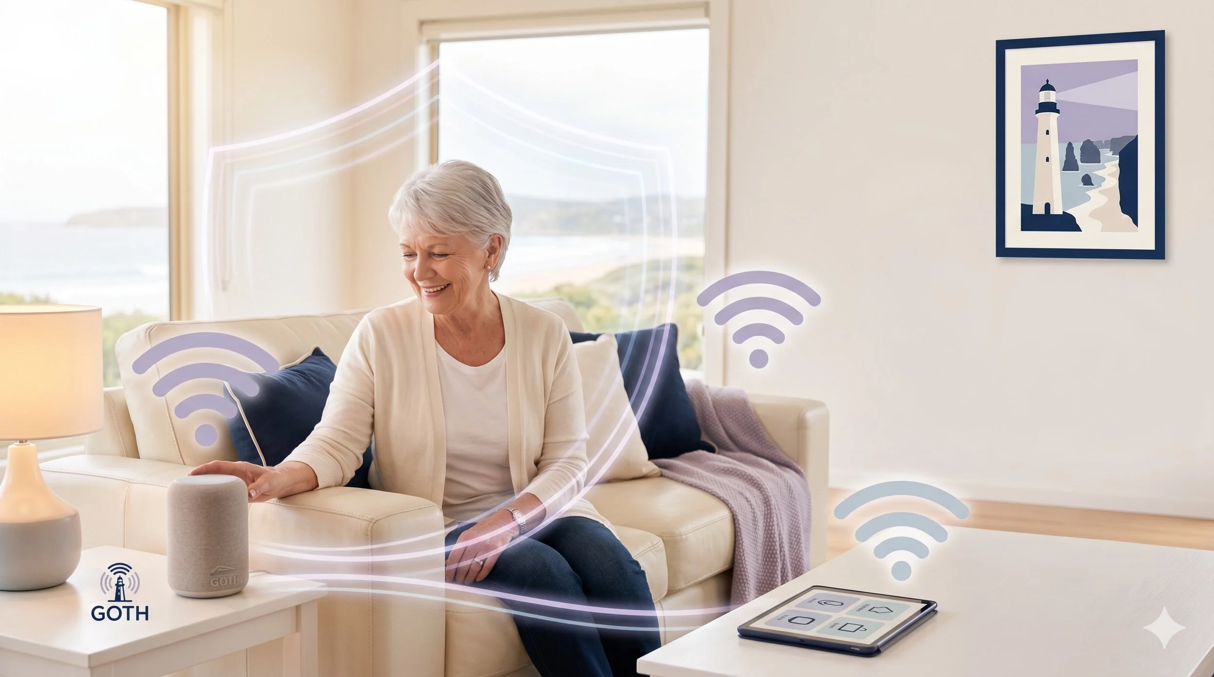 A smiling elderly woman sitting on a cream-colored couch in a bright living room, using a smart speaker device. There are Wi-Fi symbols and a heart graphic indicating a connection or smart home technology. There's a tablet on the white coffee table in front of her, with a landscape painting of a lighthouse hanging on the wall behind her.