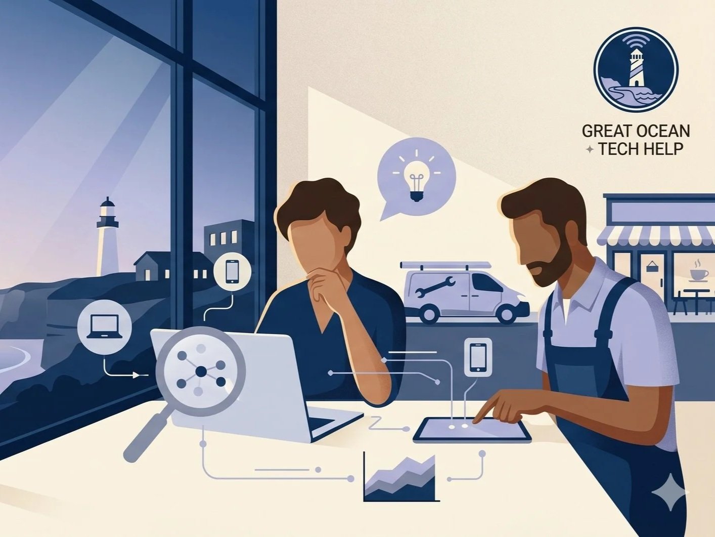 Local Tech Support Survey.  The logo in the top right corner reads "Great Ocean Tech Help."  Geelong & Surf Coast region.  Feedback Survey.