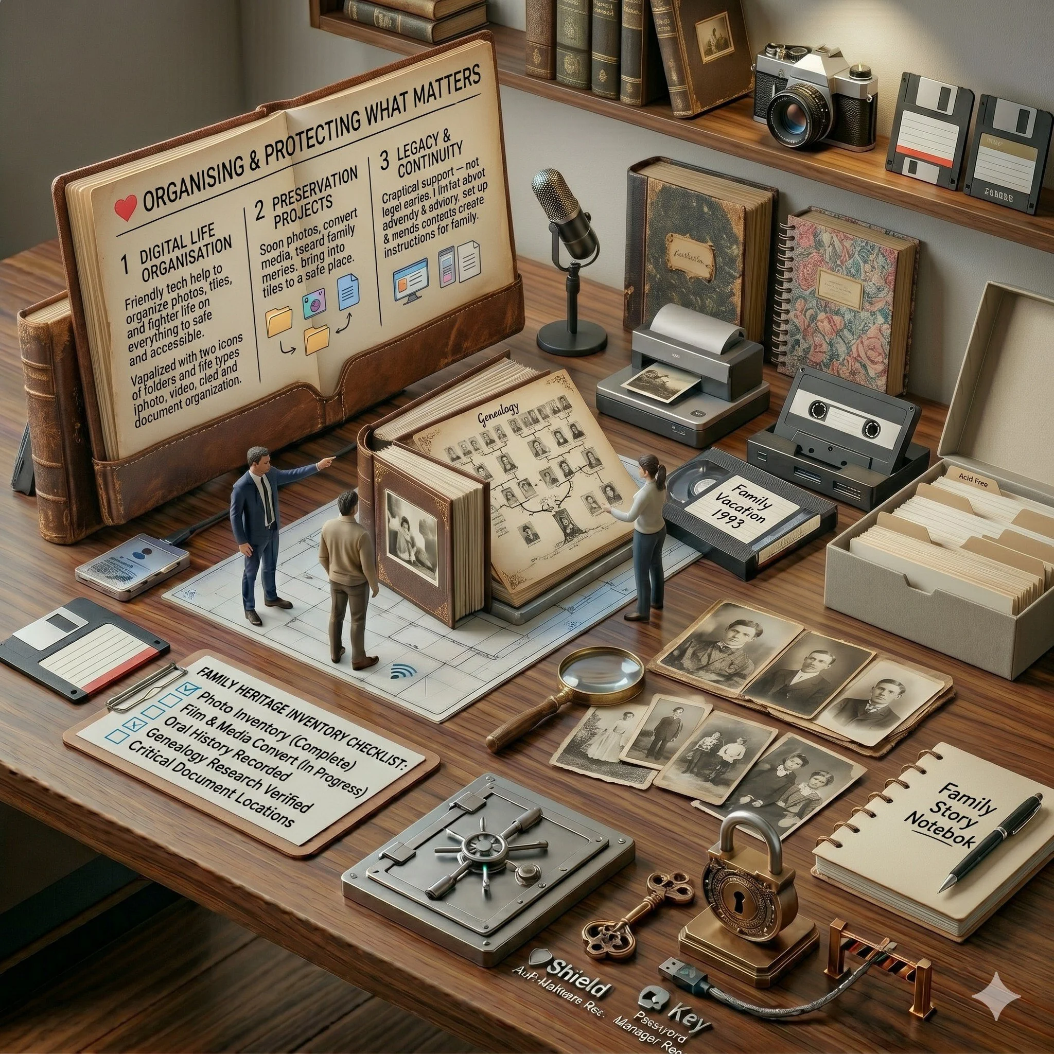A desk with various archival and organizational items, including old photographs, notebooks, a camera, floppy disks, a magnifying glass, vintage keys, a lock, and a document reminder checklist.