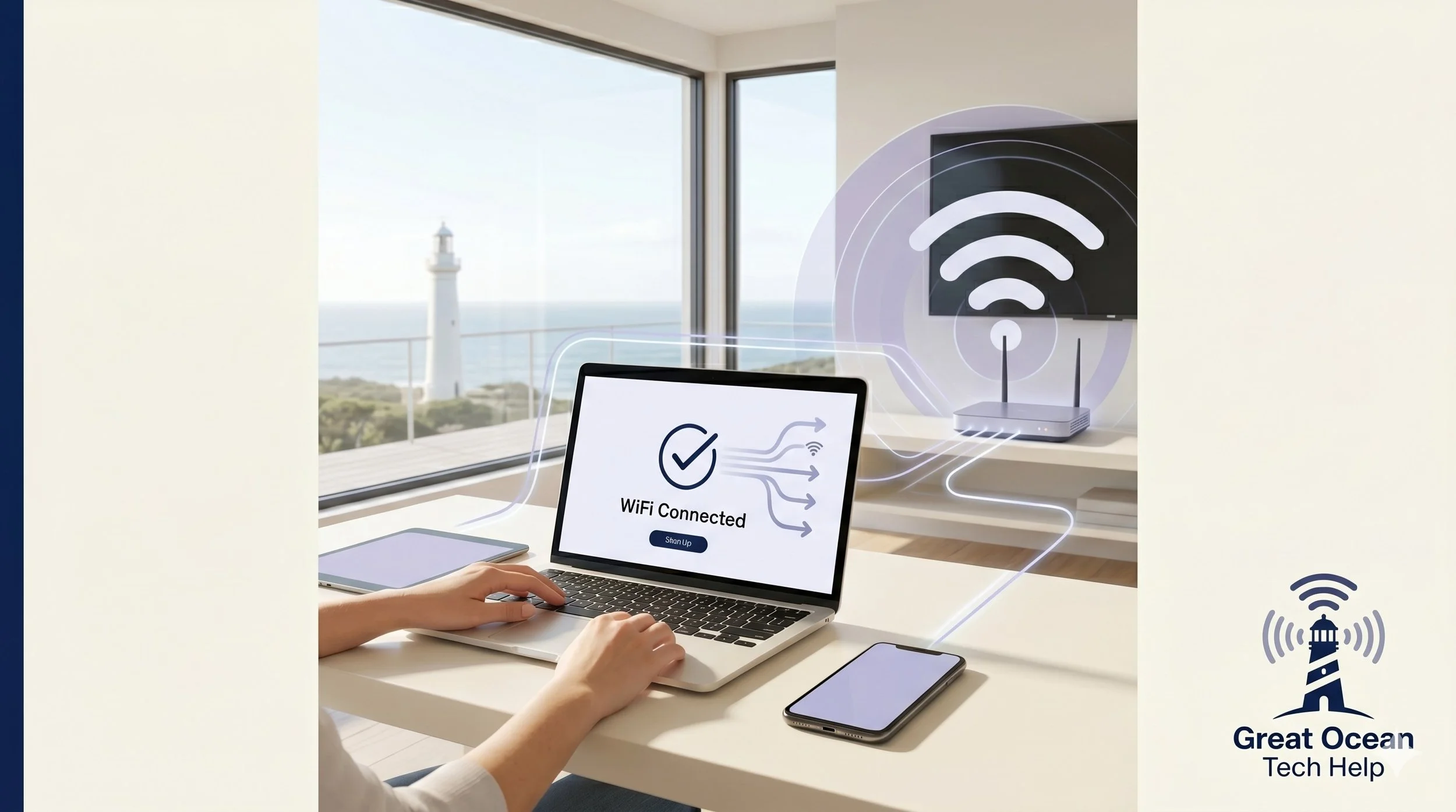 A person using a laptop on a white desk shows a WiFi connection status on the screen. The desk has a smartphone and a tablet. In the background, there's a large window with a view of a lighthouse and ocean. A router emitting WiFi signals is also present on the desk, with WiFi icons indicating internet connectivity.