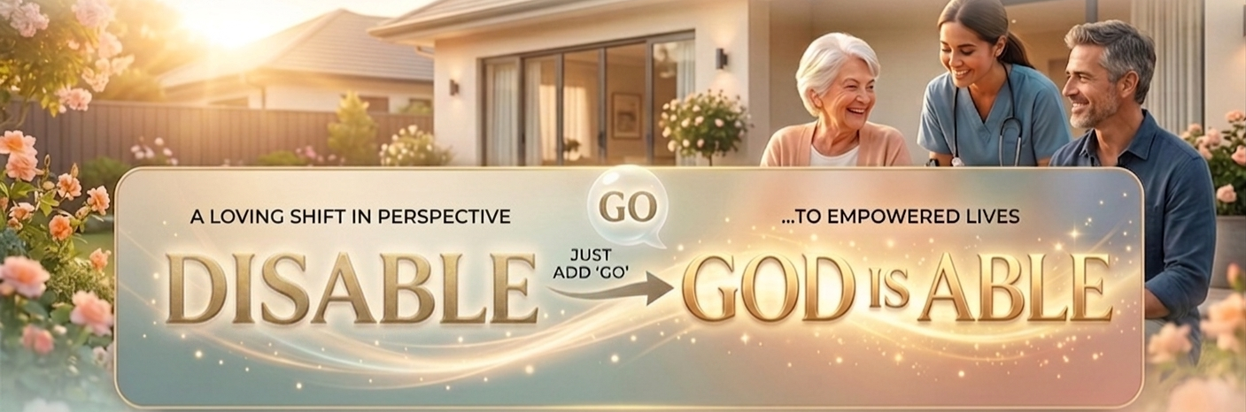 Ai generated image showing a picture of 3 people and the words showing that adding 'go' to 'disable' makes 'God is able.'
