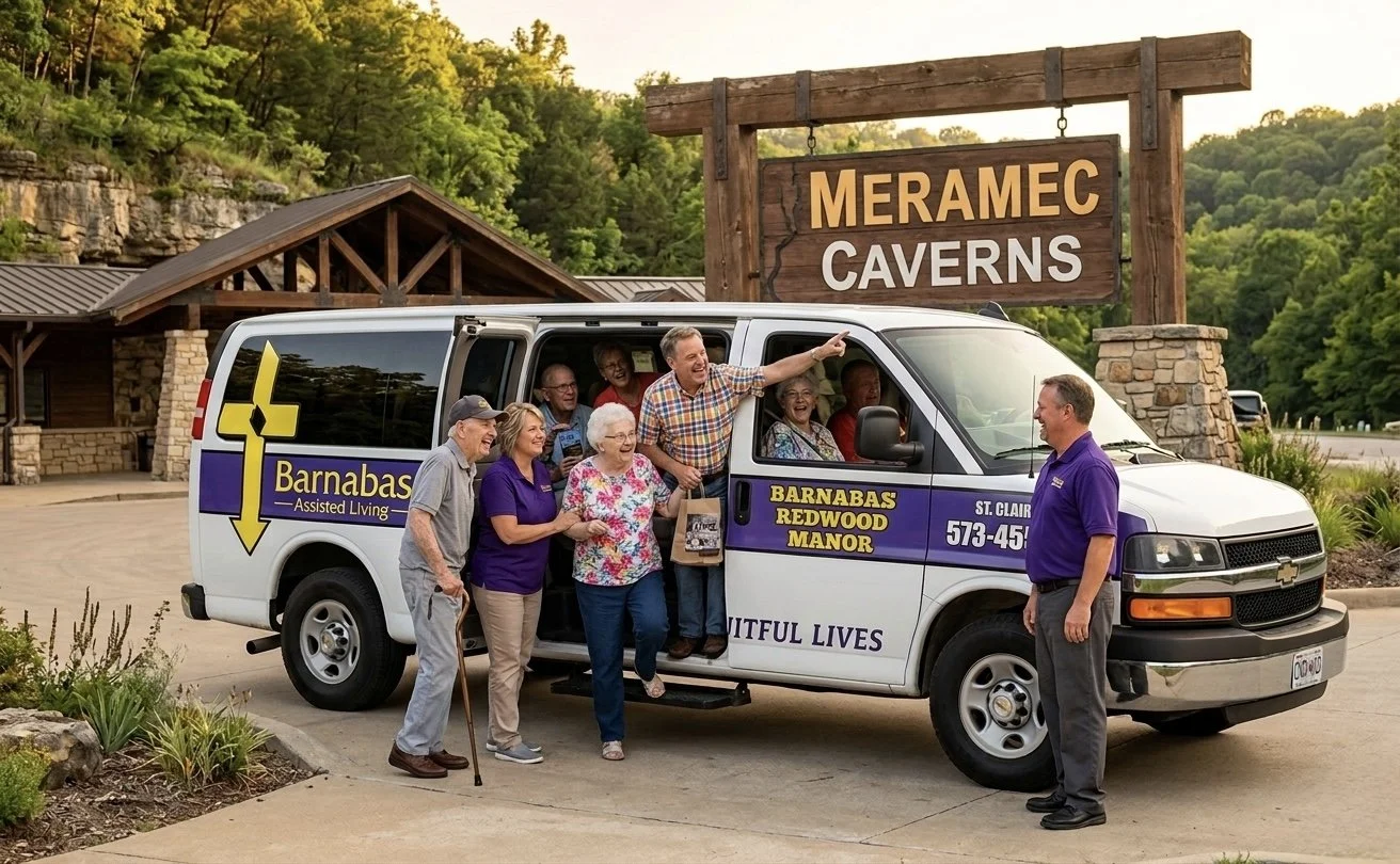AI generated image of a group of residents existing a van at the Meramac Caverns.