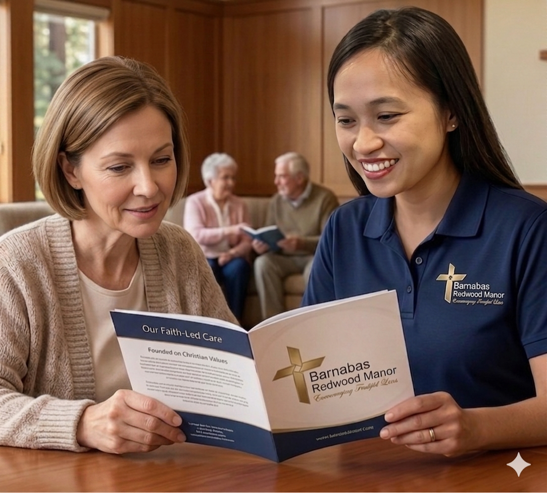 AI generated image of a staff member showing a brochure to a potential resident.