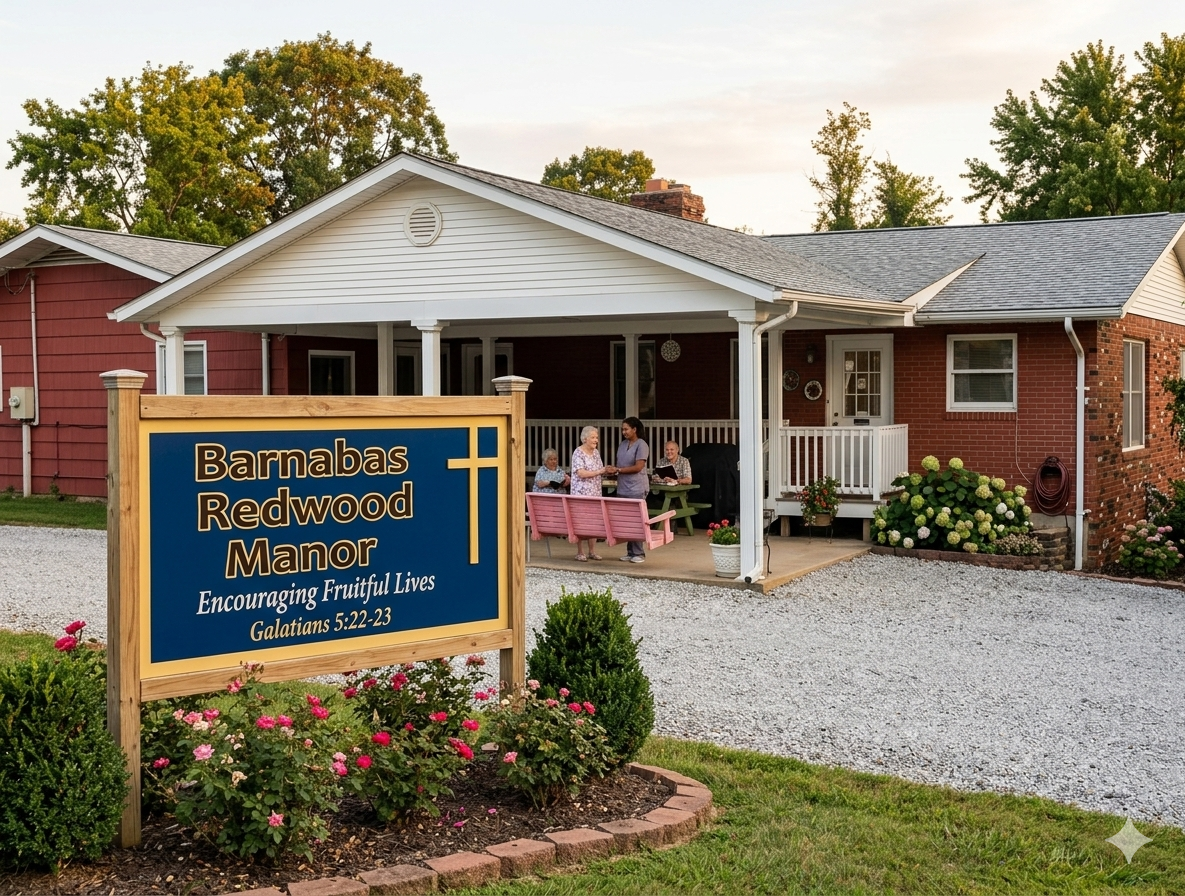 AI generated image of the exterior of the Barnabas Redwood Manor with people in front of the building.