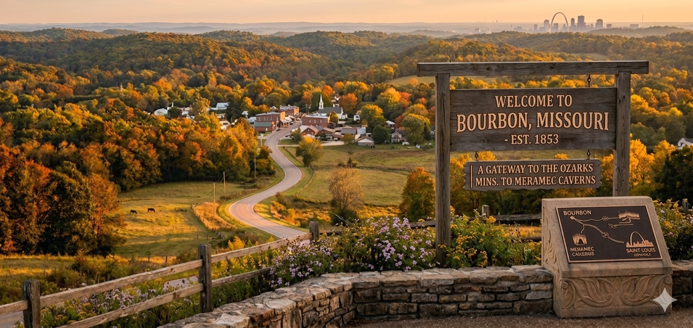 AI generated image of a welcome sign for Bourbon, Missouri with a view of the town and surrounding trees.
