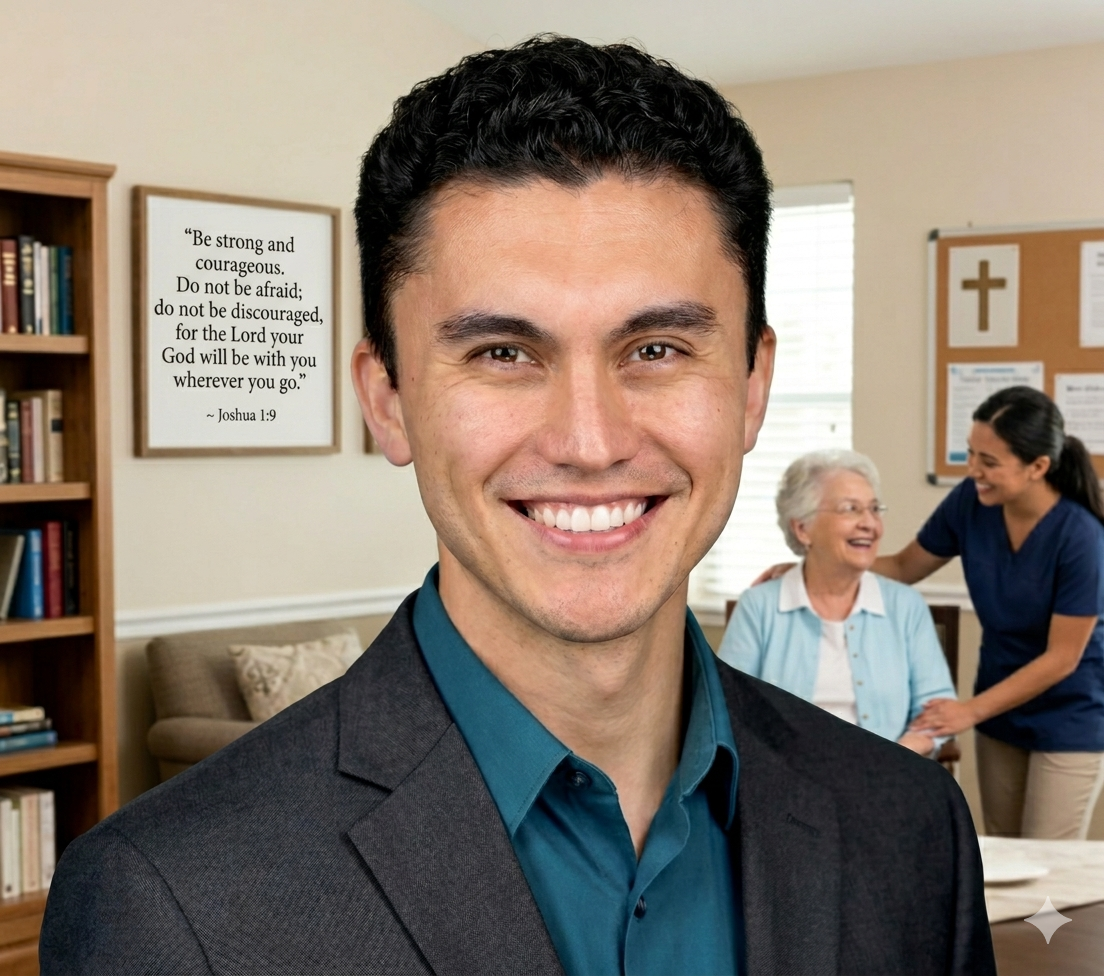 AI generated image of a staff member in a room with residents and a Bible verse in the background.