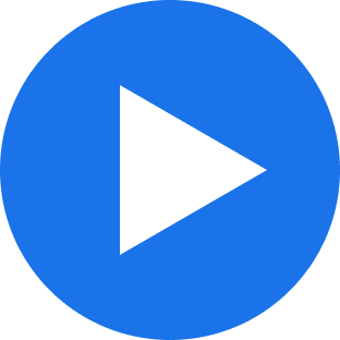 Blue circular icon with white right-pointing triangle for play button.