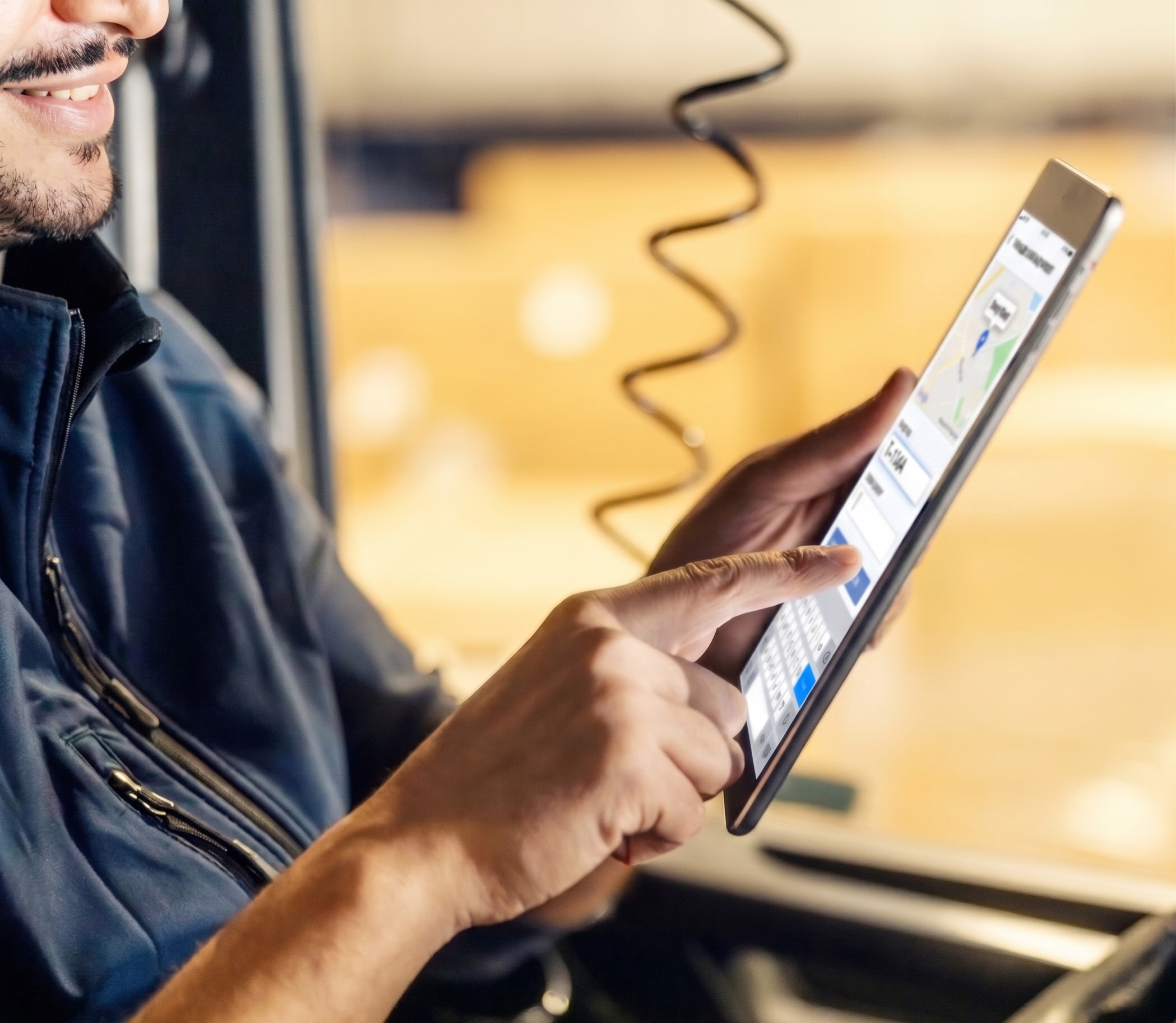 A person holding a smartphone with both hands, looking at a map application on the screen, wearing a dark jacket, with a coiled cable hanging nearby, and part of their face visible showing eyes and nose.