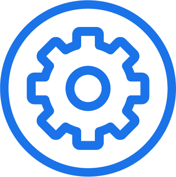 Blue gear icon enclosed in a blue circle.