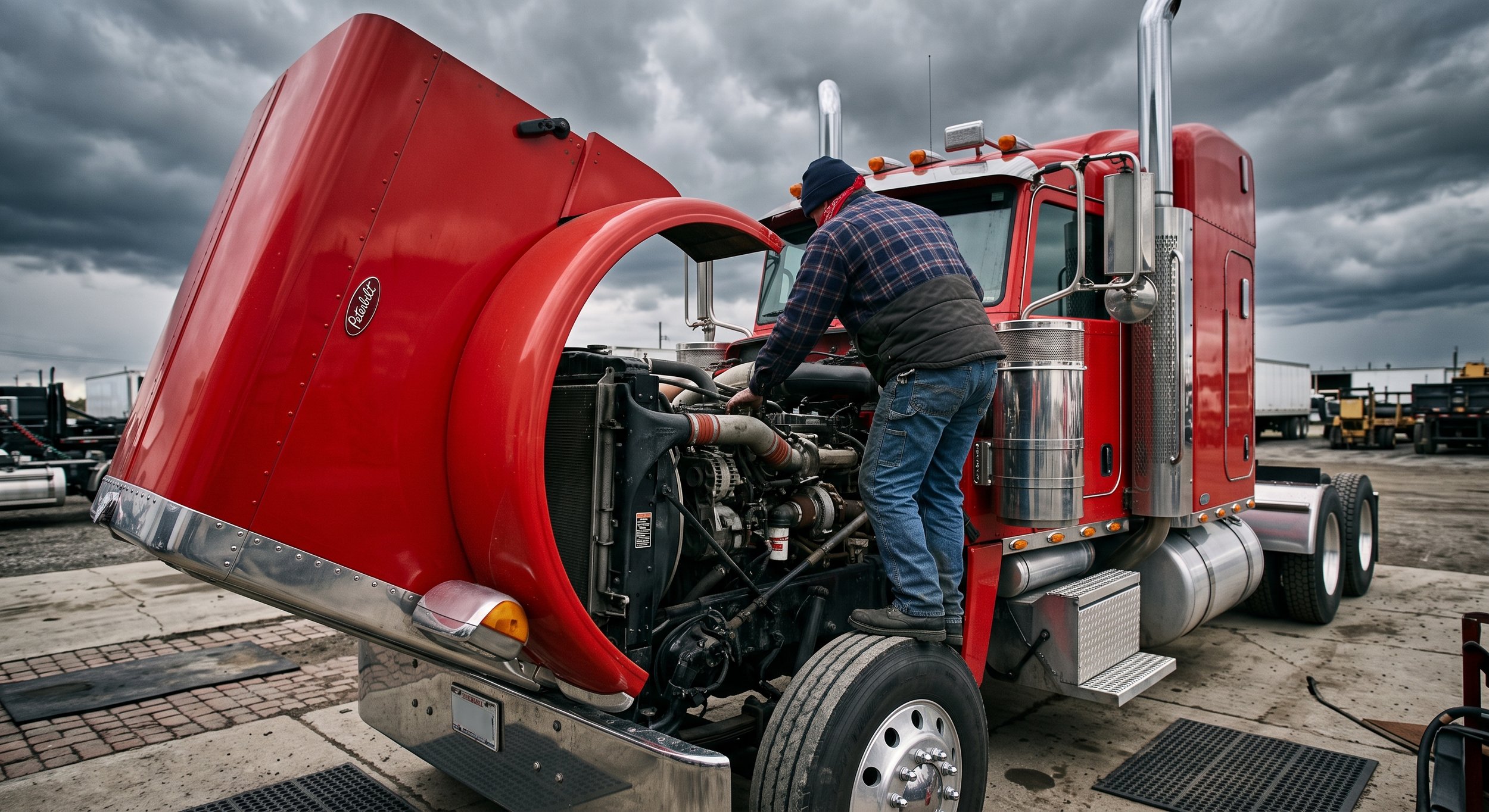 A man working on the engine of a red semi-truck in a lot with dark stormy clouds overhead.