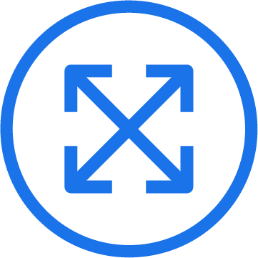 A black circular icon with a blue border and blue arrows pointing outward in four directions inside of it.