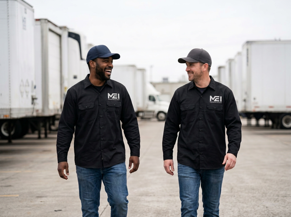 Two men walking and smiling in a parking lot with trucks in the background, wearing black shirts with a logo and caps.