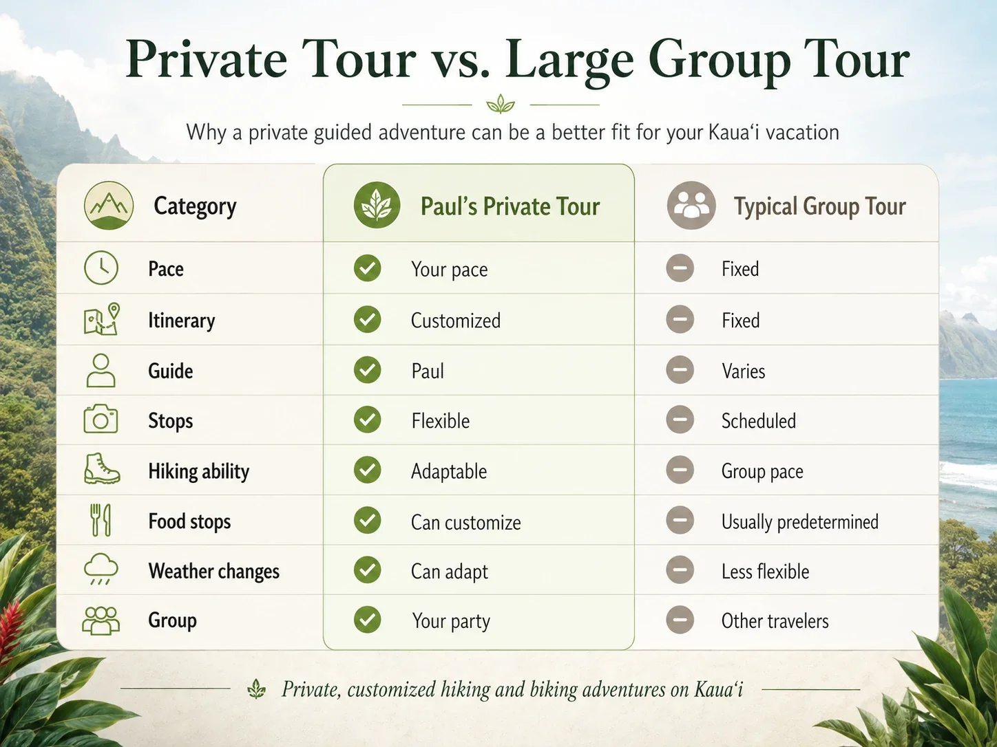 Private Kauai tour vs. large group tour comparison showing differences in pace, itinerary, guide, stops, hiking ability, food stops, weather flexibility, and group size.
