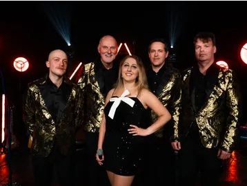 Re-Release wedding band - four musicians in matching gold and black jackets and a female singer in a black dress with a white bow, posing together on a stage.