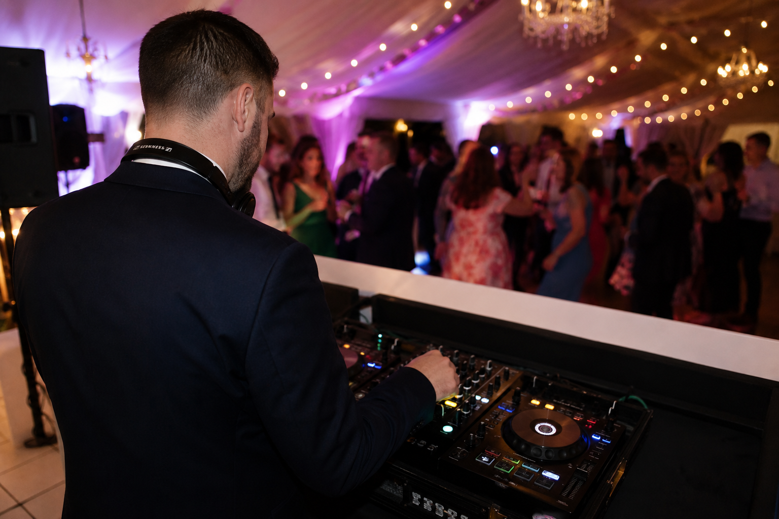 A DJ in a suit playing music at a lively indoor party with guests dancing and colorful string lights and chandeliers hanging from the ceiling.