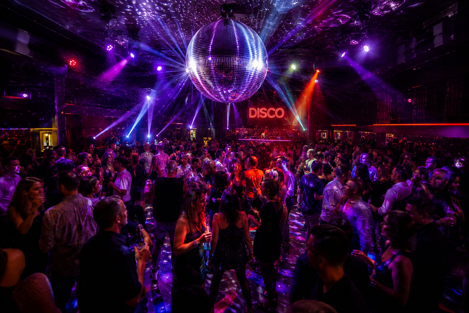 A crowded dance floor in a nightclub with colorful lights, a large disco ball overhead, and a neon sign that reads 'DISCO' at the back.
