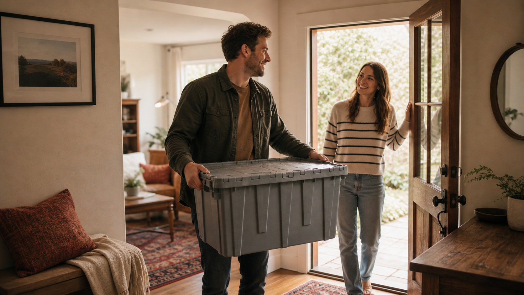 A man is carrying a gray storage container into a house, greeting a woman at the door. The woman is smiling and holding the door open.
