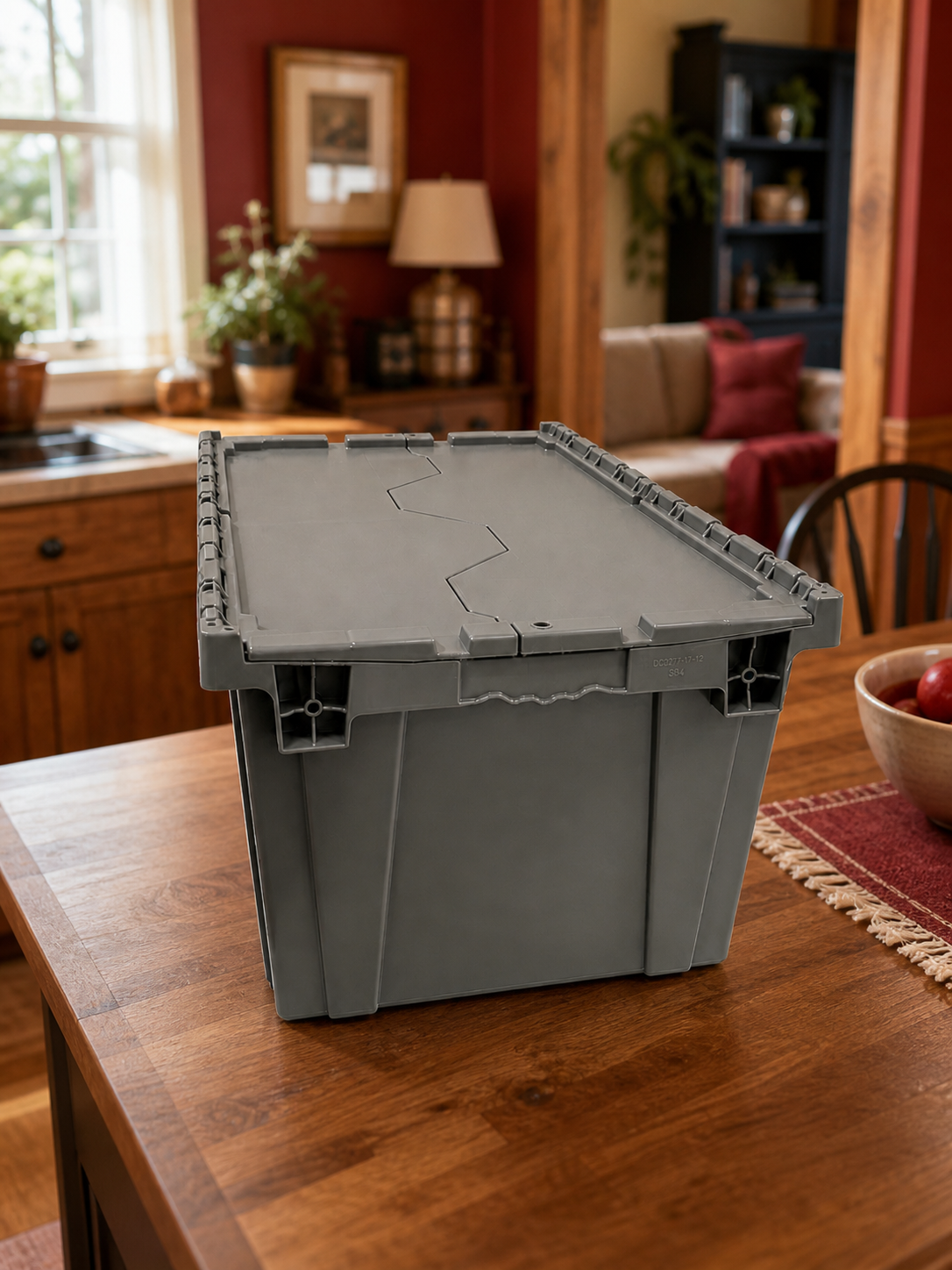 A gray plastic storage box with a closed lid on a wooden kitchen table.