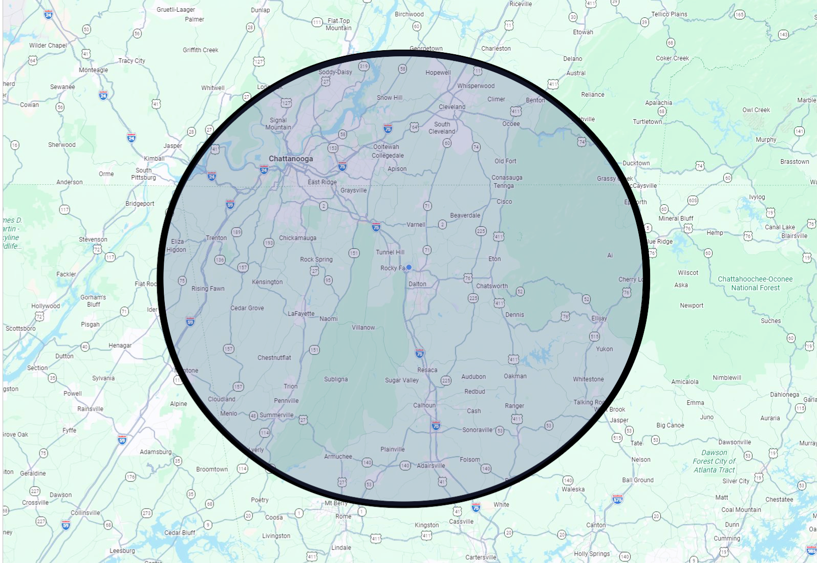 Map of Chattanooga, Tennessee and surrounding areas, with a shaded circular area highlighting specific locations within the region.
