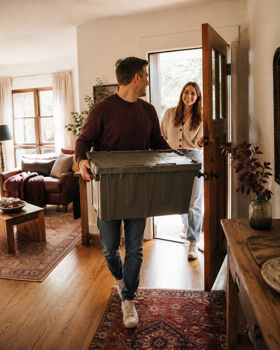 A man carrying a large storage container enters a house and is greeted by a woman at the door, smiling.