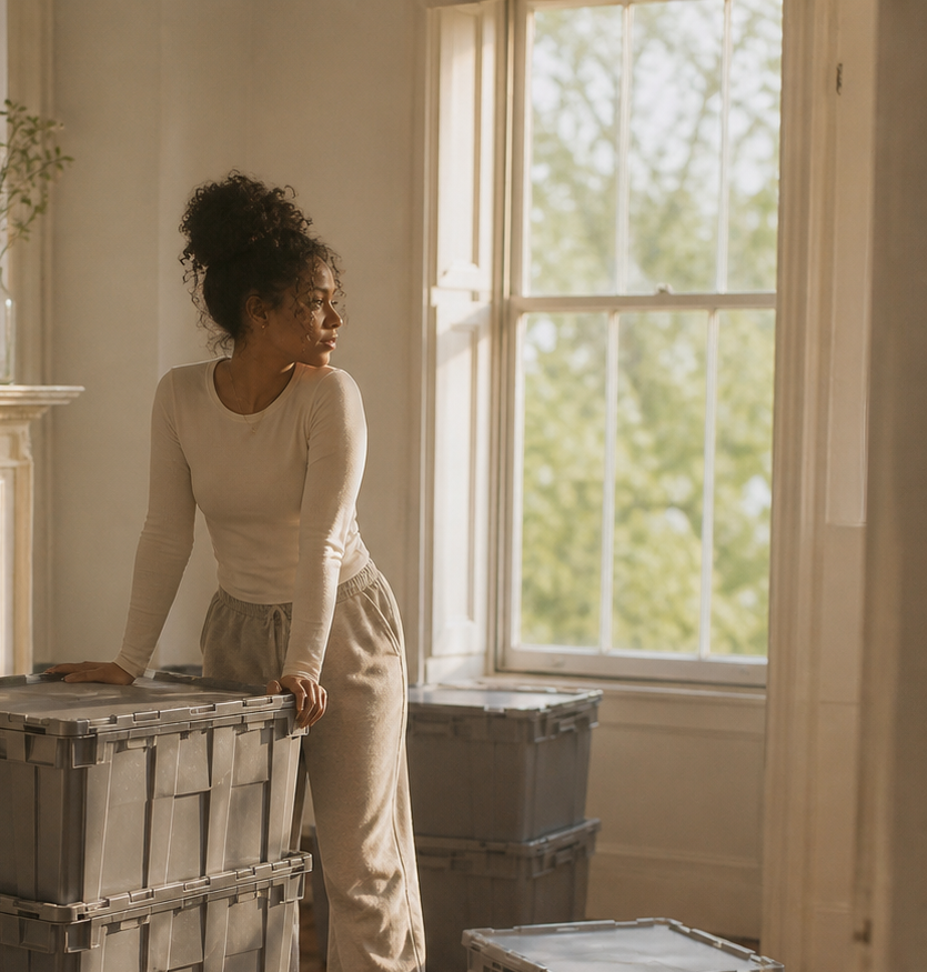 A woman with curly hair in a bun leaning on a plastic storage container in a sunlit room with large window and beige walls.