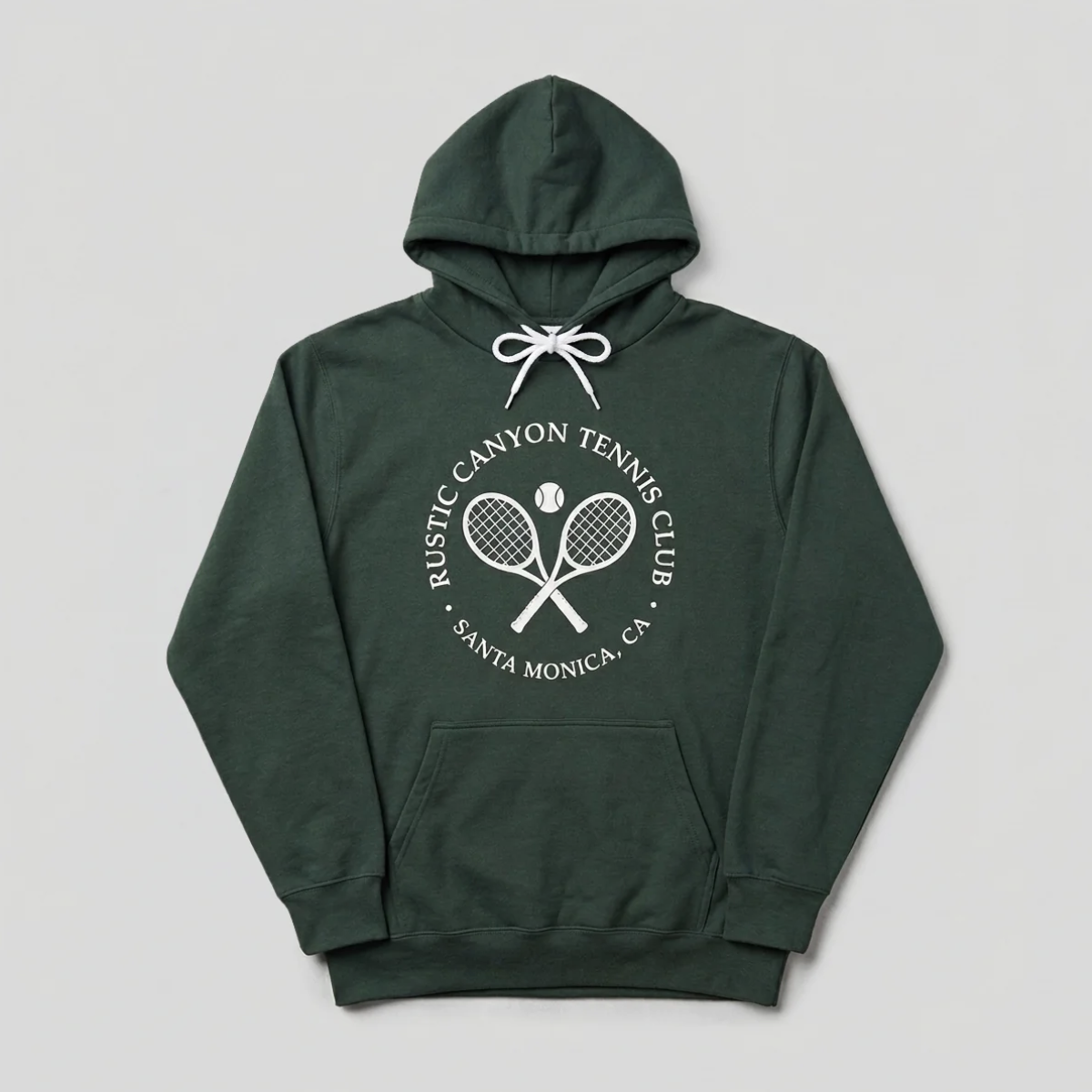 Green hoodie with a white logo of two crossed tennis rackets and a tennis ball, surrounded by text reading 'Rustic Canyon Tennis Club Santa Monica, CA'.