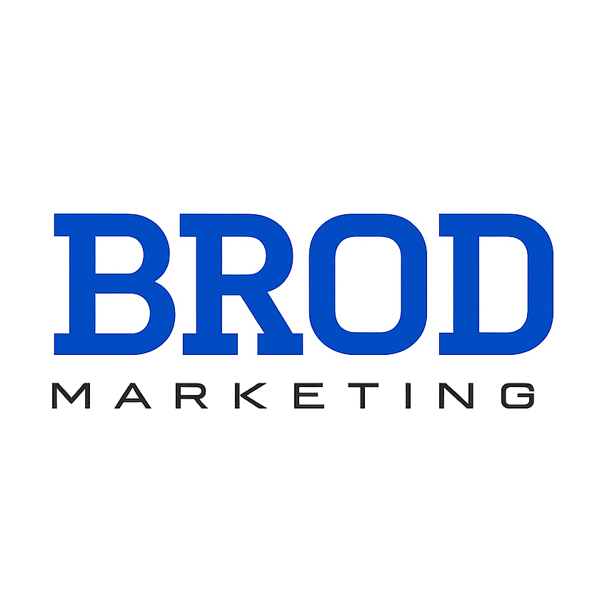 Logo for Brod Marketing with bold blue letters spelling "BROD" and smaller black letters below spelling "MARKETING."