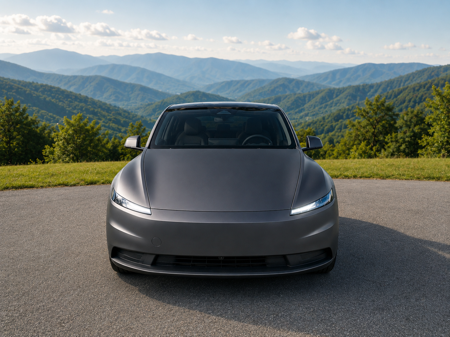 Front view of a sleek, matte black electric car parked on a paved area amid a scenic backdrop of green hills and mountains with partly cloudy skies.