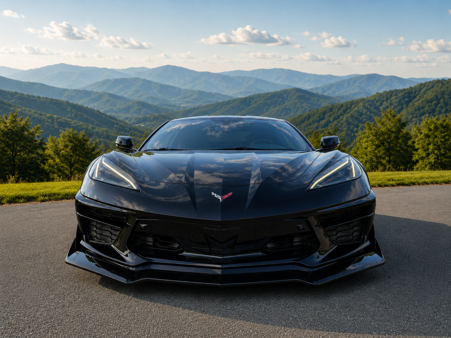 Front view of a black Chevrolet Corvette sports car with mountain landscape background.