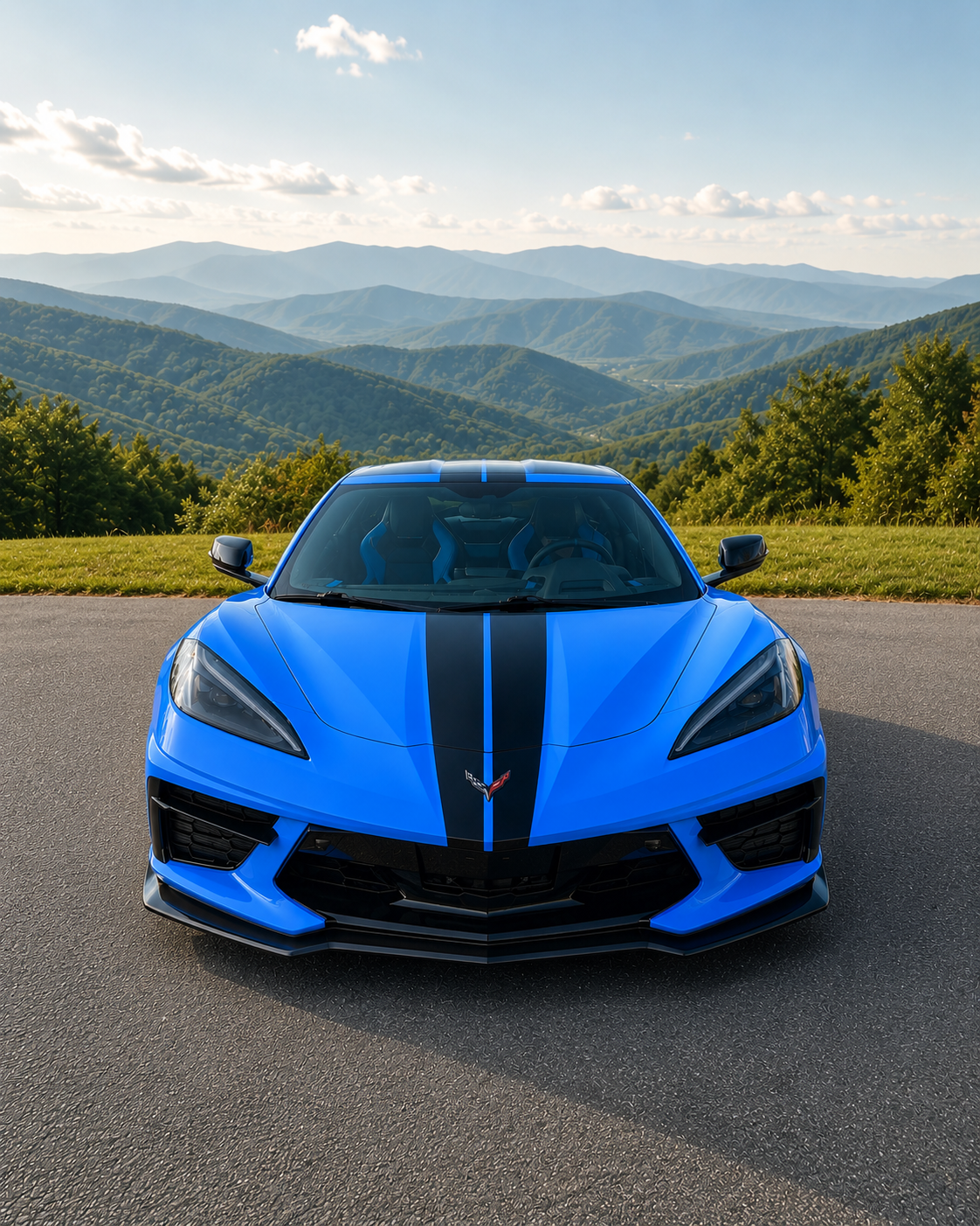 A blue sports car with black racing stripes parked on a paved surface, with green grass and rolling hills in the background under a partly cloudy sky.