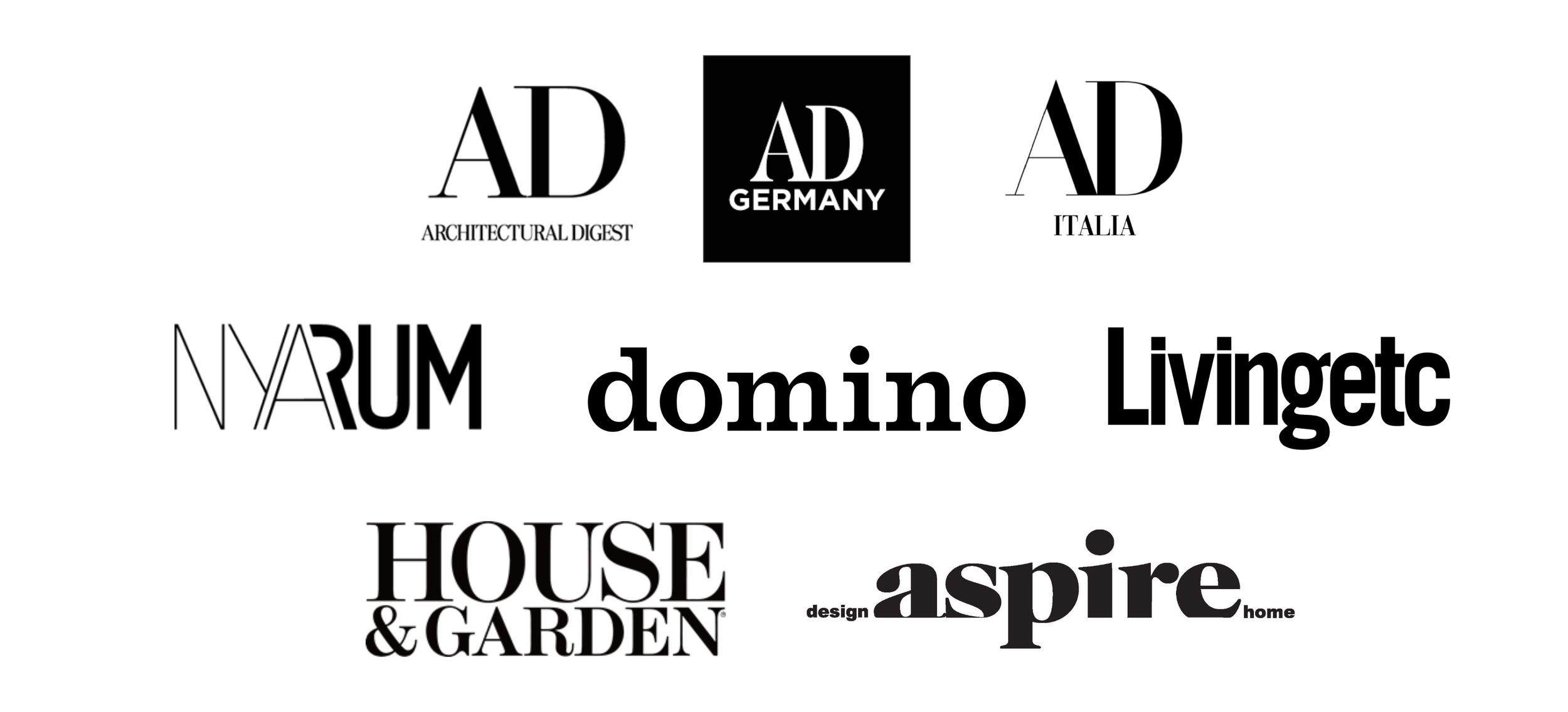 A compilation of magazine or website headlines in black and white, including titles like 'AD', 'ARCHITECTURAL DIGEST', 'GERMANY', 'ITALIA', 'NY ROOM', 'domino', 'Livingetc', 'HOUSE & GARDEN', and 'aspire' with some words in various font styles and sizes.