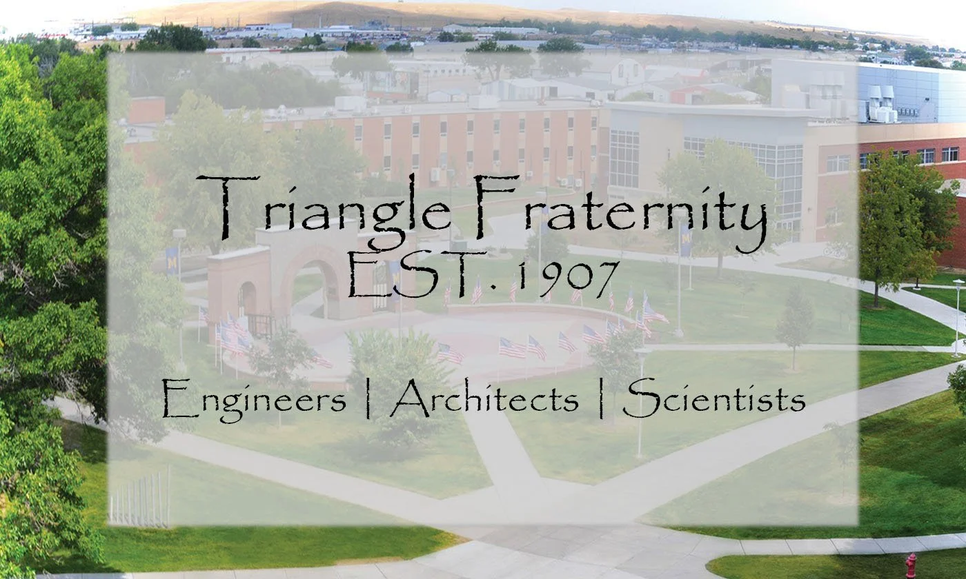 Aerial view of a college campus with green trees, pathways, flags, and a large brick building in the background, overlaid with semi-transparent text that reads 'Triangle Fraternity Est. 1907 Engineers | Architects | Scientists'.