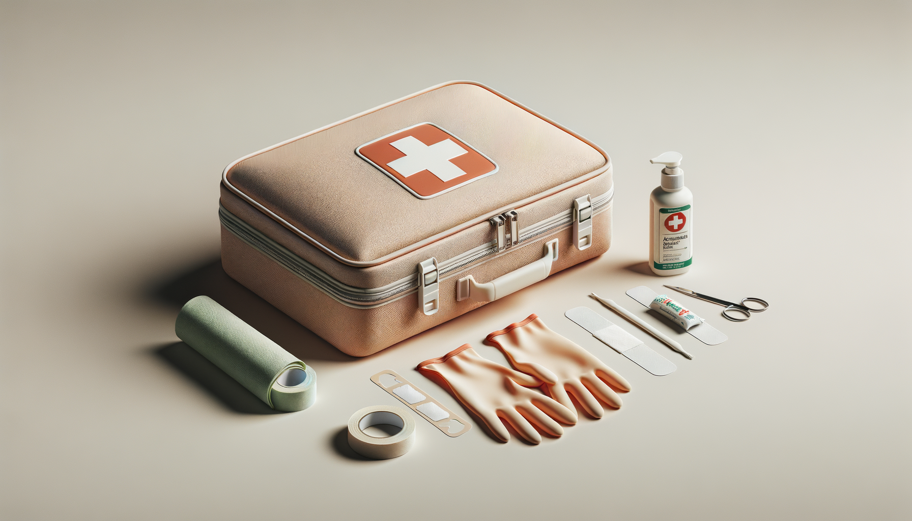 A first aid kit with various medical supplies including gloves, adhesive plasters, scissors, antiseptic spray, tape, and bandages arranged on a neutral background.